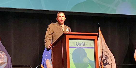  Brig. Gen. Dennis Crall, USMC, director C4/CIO, speaks at MILCOM in Baltimore.