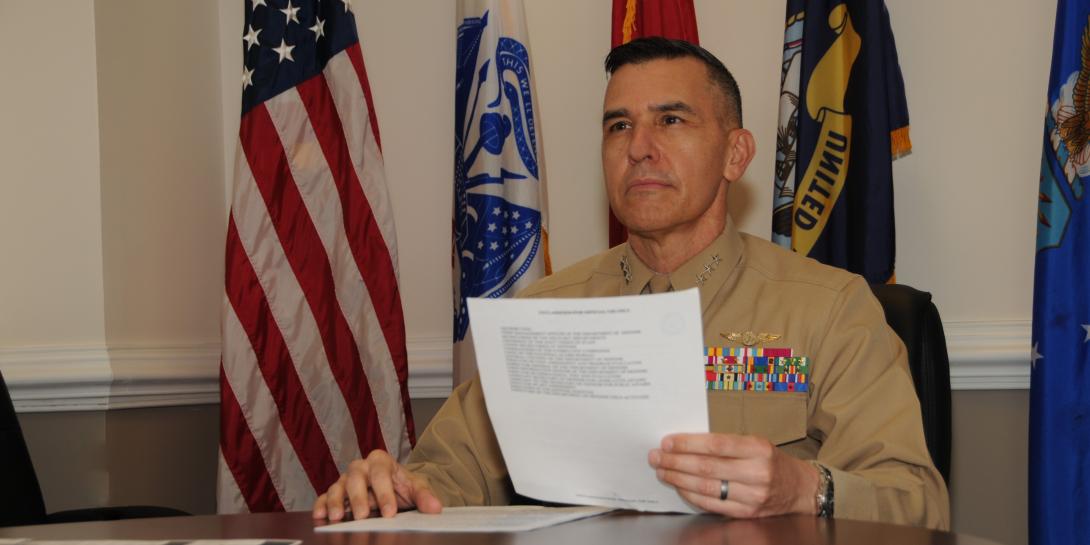 Lt. Gen. Dennis Crall, USMC, director for Command, Control, Communications, and Computers/Cyber and chief information officer, the Joint Staff; J-6, pictured working at the Pentagon in December, sees allies and partners, and the associated Mission Partner Environment, as crucial aspects of joint all domain warfighting. Credit: Photo courtesy of The Joint Staff Public Affairs