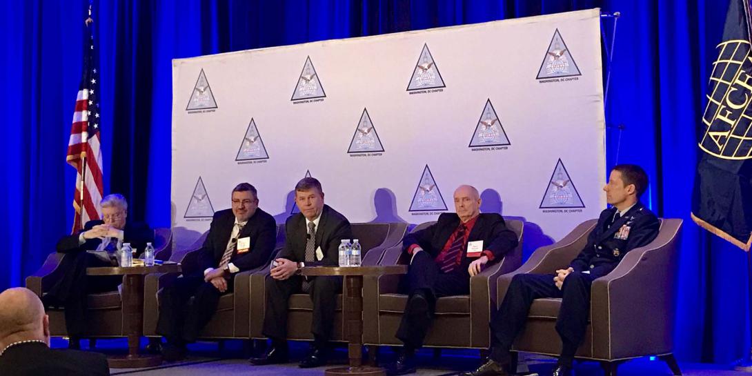 Top leaders from the Defense Information Systems Agency, or DISA, share government needs with industry during an AFCEA D.C. Chapter monthly breakfast. 