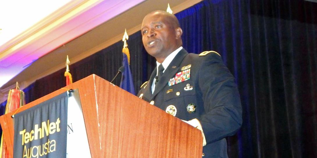 Maj. Gen. (P) Bruce Crawford, USA, the Army’s chief information officer/G-6, speaks at TechNet Augusta.