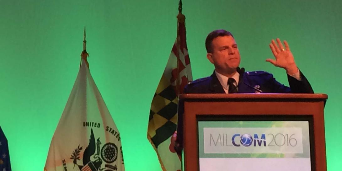 Maj. Gen. Dwyer Dennis, USAF, addresses attendees on the final day of MILCOM 2016 in Baltimore.