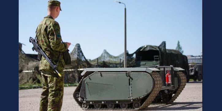 An Estonian soldier tests the THeMIS unmanned ground vehicle during a spring battlefield exercise.