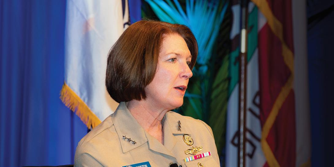 Vice Adm. Nancy Norton, USN, director, DISA, and commander, Joint Force Headquarters–Department of Defense Information Network, speaks at West. Photo by Michael Carpenter