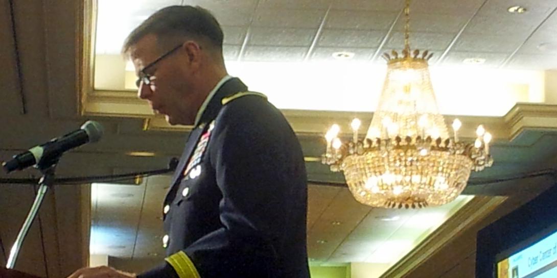 Maj. Gen. Stephen Fogarty, USA, commander, U.S. Army Center of Excellence, speaks at TechNet Augusta on August 2, 2016.