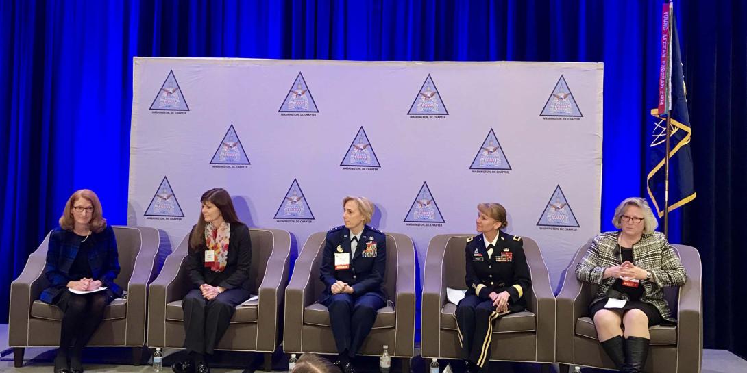 Women leaders from the U.S. Defense Department speak during an AFCEA DC Chapter monthly breakfast. From l to r: moderator Mary Legere; Barbara Hoffman; Lt. Gen. VeraLinn "Dash" Jamieson, USAF; Brig. Gen. Patricia Frost, USA; and Lynn Wright.