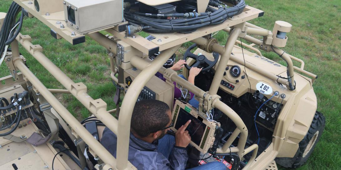 Army C5ISR Center employee Donovan Sweet conducts research for the C4ISR Modular Autonomy project at Camp Grayling, Michigan, in October. The Army wants to build a fast, agile and lethal Remote Combat Vehicle capable of avoiding electronic warfare and cyber attacks. Credit: Dan LaFontaine, Army public affairs official
