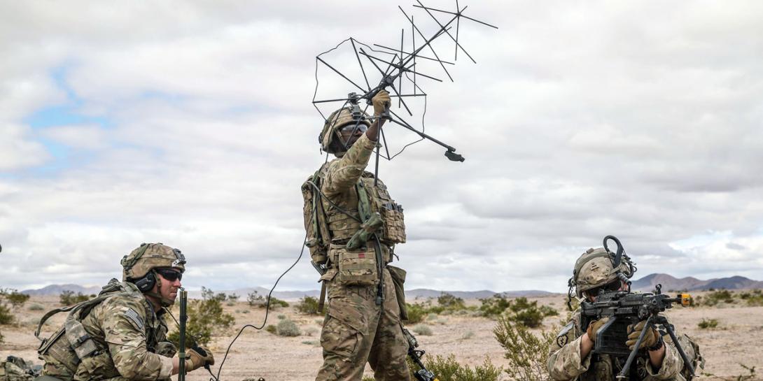 Soldiers assigned to 1st Stryker Brigade Combat Team use satellite communication systems at the National Training Center, Fort Irwin, California, in March. Next summer, the Army intends to take its premier command, control, communications, cyber, intelligence, surveillance and reconnaissance experiment to the Indo-Pacific theater. It will mark the service’s first full-sized technology development experiment in a combat theater. Credit: U.S. Army/Pfc. Rosio Najera