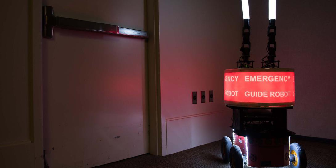 Georgia Tech researchers built the "Rescue Robot" to determine whether or not building occupants would trust a robot designed to help them evacuate a high-rise in case of fire or other emergency. (Credit: Rob Felt, Georgia Tech)
