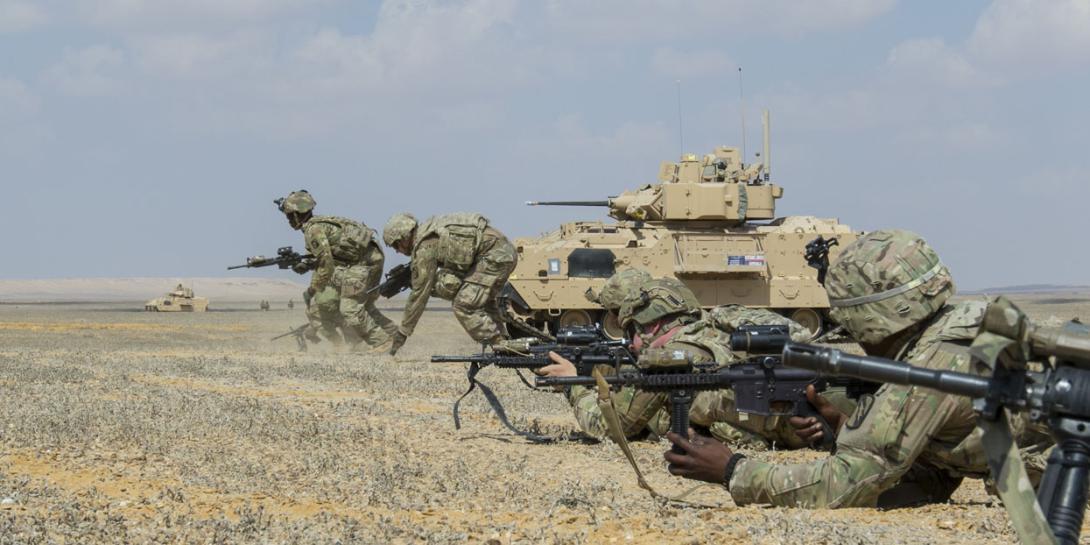 U.S Army soldiers assigned to the 155th Armored Brigade Combat Team, Task Force Spartan, bound toward an objective during a rehearsal for a 2018 combined live-fire exercise near Alexandria, Egypt. Brigade Combat Teams may not be the top priority for future budgets as wars are fought over longer distances. U.S. Army photo by Sgt. James Lefty Larime