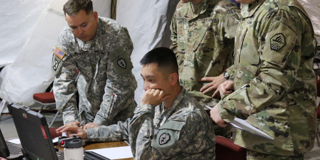 Soldiers from the 25th Infantry Division in Hawaii and from U.S. Army Training and Doctrine Command Centers of Excellence participate in the Army's Cyber Blitz in April 2016 at Joint Base McGuire-Dix-Lakehurst, New Jersey. Cyber Blitz provides the Army a way to learn about cyber and electromagnetic activity. U.S. Army CERDEC photo by Kristen Kushiyama