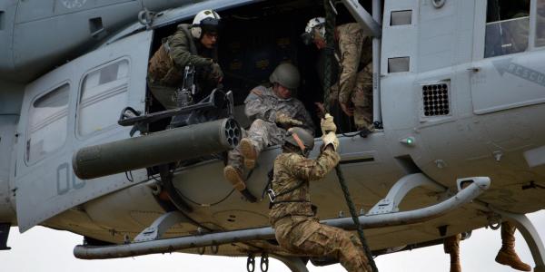 Soldiers with the 25th Infantry Division conduct fast rope insertion extraction techniques with their Marine Corps and Air Force counterparts. Elements of the 25th participated in the Army’s recent Cyber Blitz exercise, which will help define the future of cyber and spectrum warfare.
