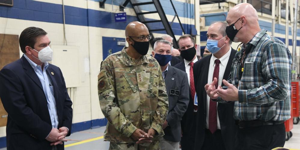 Another way specific joint warfighting roles and missions could be defined is through the Joint Requirements Oversight Council, says Air Force Chief Gen. Charles Brown (c). Gen. Brown recently visited Robins Air Force Base, Georgia, with David Foskey (r), 573rd Manufacturing Squadron director and Georgia Congressman Austin Scott (l) for an update on the base’s propeller overhaul for the C-130, a key aircraft for joint warfighting. Credit: U.S. Air Force photo by Tommie Horton