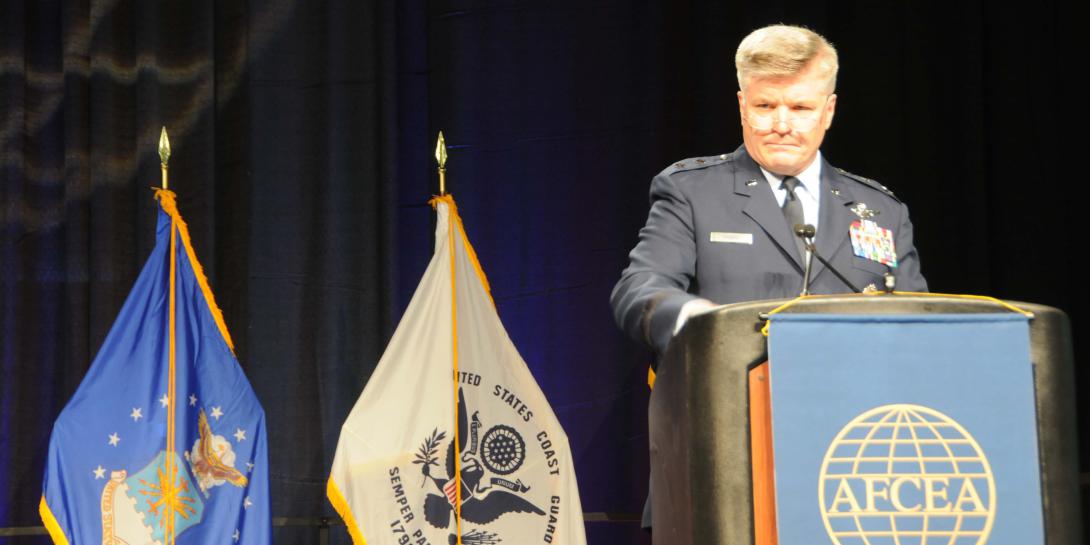 Maj. Gen. Jerry Harris, USAF, vice commander of Air Combat Command at Langley Air Force Base in Virginia speaks at the inaugural TechNet Air 2016 symposium in San Antonio.