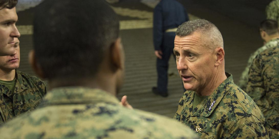Lt. Gen. Robert F. Hedelund, USMC, commander, U.S. Marine Corps Forces Command, speaks to Marines with the 26th Marine Expeditionary Unit aboard the amphibious assault ship USS Bataan during Composite Training Unit Exercise (COMPTUEX) in the Atlantic Ocean. U.S. Marine Corps photo by Cpl. Nathan Reyes