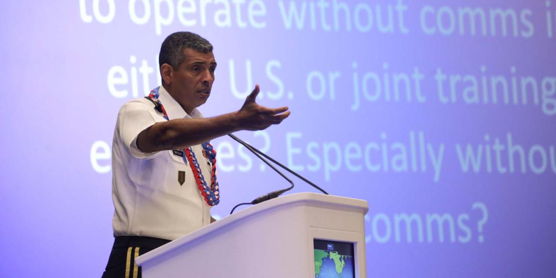 Gen. Vincent K. Brooks, USA, commander, U.S. Army Pacific, discusses how the Army trains to operate in a degraded communications environment during his keynote address at TechNet Asia-Pacific 2015.
