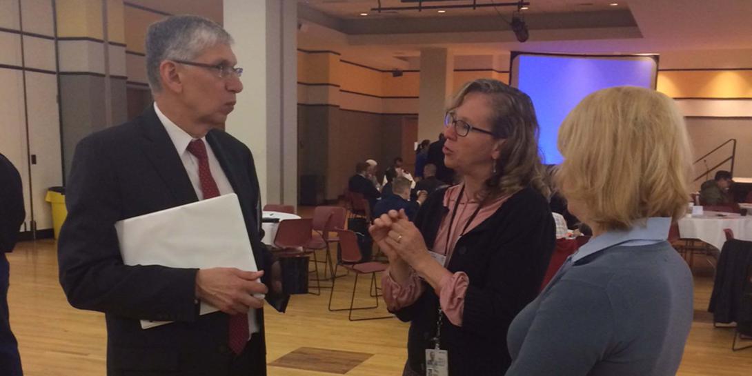 Lt. Gen. Rhett Hernandez, USA (Ret.) (l), spoke with conference attendees about the importance of academic, industry and Army partnership for innovation in the cyber domain.