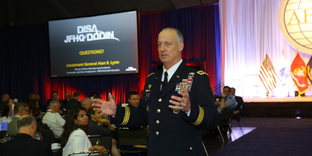 Lt. Gen. Alan Lynn, USA, director of DISA and commander of the JFHQ-DODIN, speaks at AFCEA’s Defensive Cyber Operations Symposium in Baltimore.