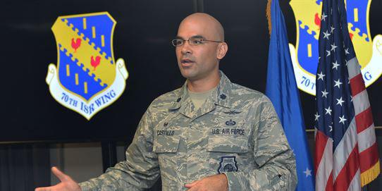 Lt. Col. Matthew Castillo, USAF, commander, 35th Intelligence Squadron, speaks about the Cyberspace Threat Intelligence Center during the facility’s ribbon-cutting ceremony. Airmen and contractors with the 35th IS will conduct operations from the new facility.