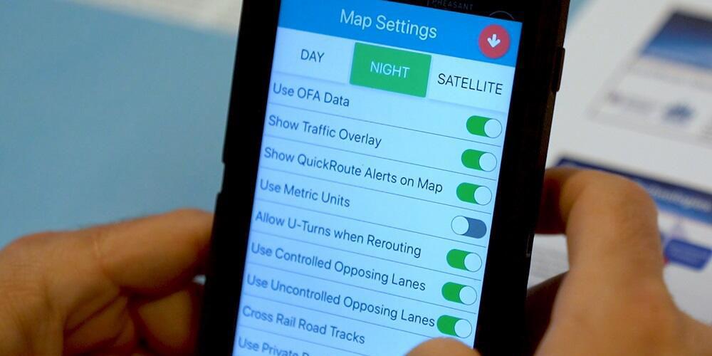 Unlike standard GPS-enabled map apps, QuickRoute settings include options such as “Use Controlled Opposing Lanes” and “Show QuickRoute Alerts on Map.”