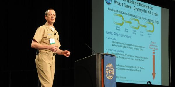 Rear Adm. Randy Mahr, USN, deputy program director at the F-35 Lightning II Joint Program Office speaks about the Defense Department's costliest program during AFCEA's TechNet Air 2016 symposium. 