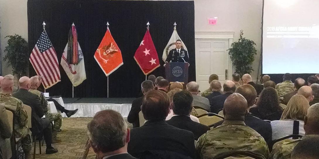 Brig. Gen. (P) Brian J. Mennes, USA, director of force management, HQDA, deputy chief of staff, G-3/7, describes the operational environment at the AFCEA Army Signal Conference in Springfield, Virginia.