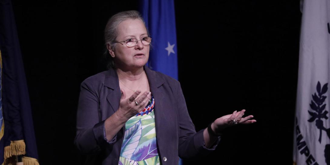 Cindy Moran, former director for network services at DISA, talks about network performance and security at TechNet Asia-Pacific. Photo by Bob Goodwin