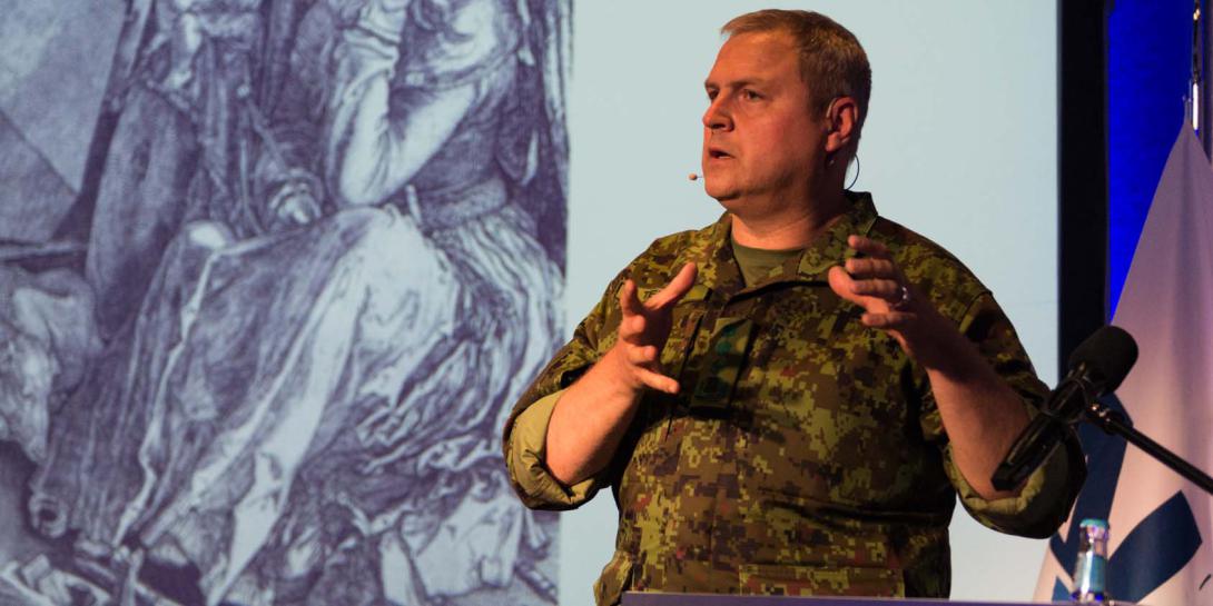 Lt. Gen. Riho Terras, commander of Estonian Defense Forces, warns that Europe is too reactionary to world events while speaking at the NITEC 2016 cyber conference in Tallinn, Estonia. Photo by Marcos Fernandez Marin, NCI Agency