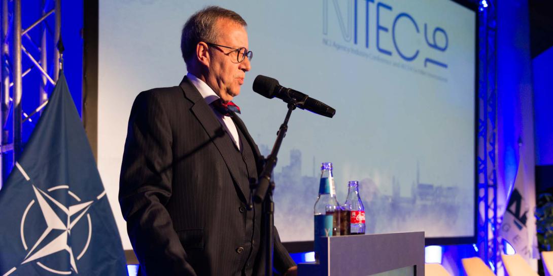 Estonian president Toomas Hendrik Ilves addresses attendees on the inaugural day of the three-day NITEC 2016 conference in Tallinn, Estonia. Photo by Marcos Fernandez Marin, NCI Agency