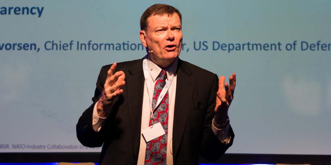 Defense Deparment CIO Terry Halvorsen addresses the NITEC 2016 conference in Tallinn, Estonia. Photo by Marcos Fernandez Marin, NCI Agency