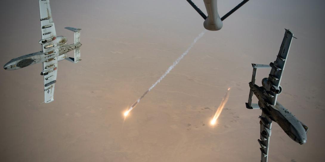 U.S. Air Force A-10 Thunderbolt II jets fire flares while breaking away after aerial refueling from a KC-135 Stratotanker of the 340th Expeditionary Aerial Refueling Squadron out of Kandahar Airfield, Afghanistan, in August. In multidomain operations in the future, the Air Force will need a highly connected web of sensors across the air, land, sea and space.  U.S. Air Force photo by Staff Sgt. Keifer Bowes