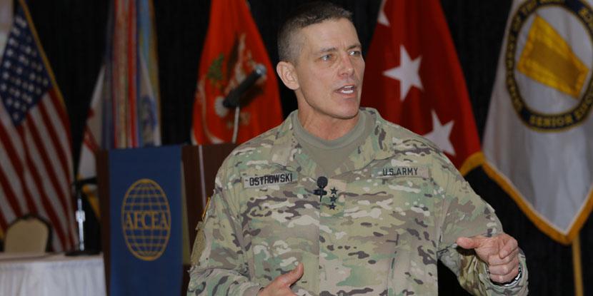 Lt. Gen. Paul Ostrowski, USA, speak at the AFCEA Army Signal Conference. Photo by Michael Carpenter