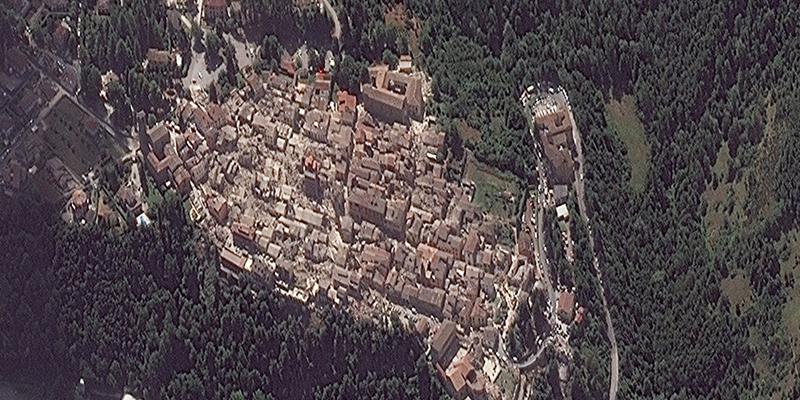 Amatrice, Italy, as seen on August 24, 2016, 10:21 am (UTC) after a deadly 6.2 earthquake. Image collected by WorldView-2. © European Space Imaging