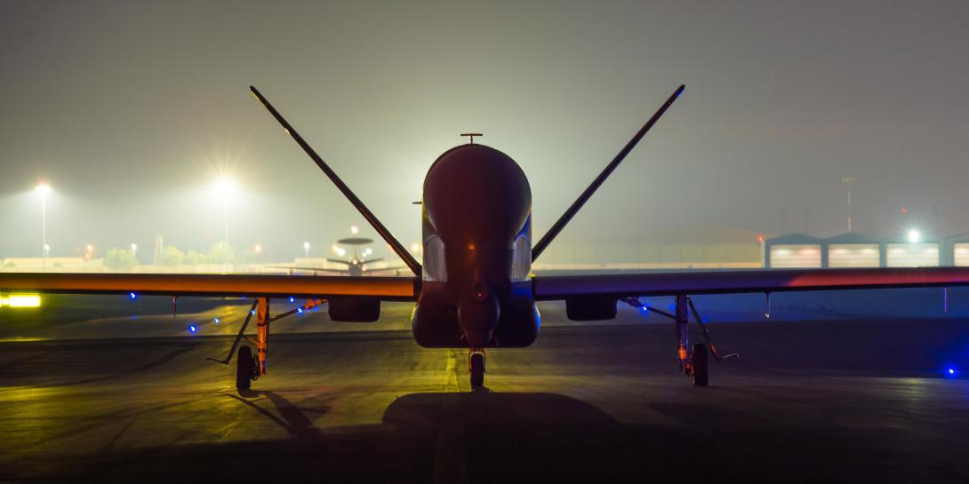 An EQ-4 Global Hawk equipped with a battlefield airborne communications node, which has been used to link multinational coalition ground and airborne assets, prepares to depart on a mission in Southwest Asia. The Defense Information Systems Agency (DISA) is counting on innovation to further its networking activities, particularly among coalition partners.