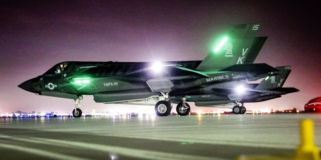 A Marine Corps F-35B taxis during night flight operations at Marine Corps Air Station Yuma in Arizona. With its advanced sensor suite, the F-35B may assume an additional role serving warfighters on the ground as an information source for the Marine Corps Enterprise Network.