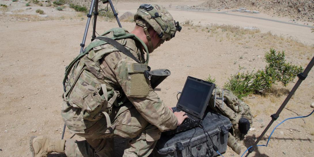A soldier with the 780th Military Intelligence Brigade sets up cyber tools at the National Training Center as part of the U.S. Army’s cyber electromagnetic activities (CEMA) initiative led by Army Cyber Command. The service is consolidating electronic warfare and cyber training and operations at Fort Gordon, Georgia, facilities to integrate all aspects of the disciplines.