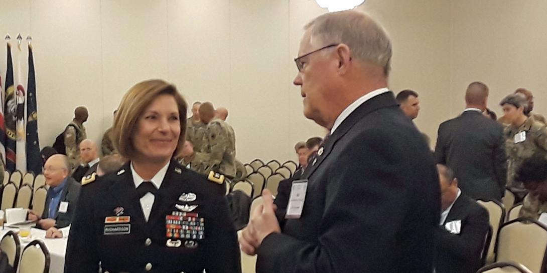 Lt. Gen. Laura Richardson, deputy commanding general and chief of staff, for U.S. Army Forces Command, speaks to AFCEA President and CEO Lt. Gen. Robert M. Shea, USMC (Ret.) at the AFCEA Signal Conference.
