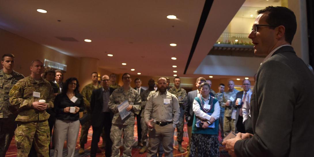 Will Roper, assistant secretary of the Air Force for acquisition, technology and logistics, speaks with members of his team before his opening remarks at the Inaugural Air Force Pitch Day in New York City on March 6. The goal is to increase both the number and locations of Pitch Days, Roper says. (U.S. Air Force photo by Tech Sgt. Anthony Nelson Jr., USAF)