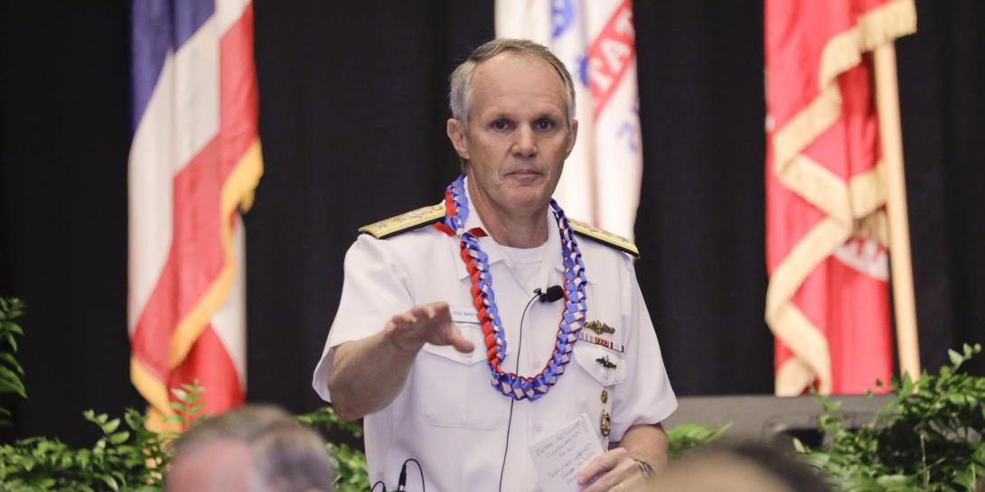 Rear Adm. Phillip Sawyer, USN, deputy commander, U.S. Pacific Fleet, summarizes the state actor threats to the United States during AFCEA TechNet Asia-Pacific in Honolulu. Photo by Bob Goodwin