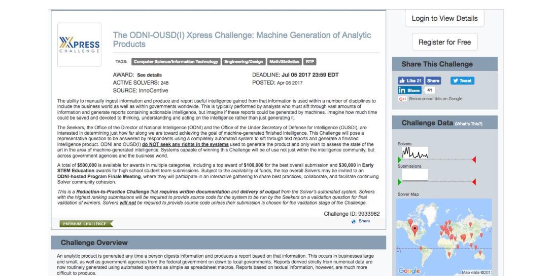 The home page of the ODNI’s Xpress challenge serves both as an information resource about the competition and a portal for potential entrants. Organizations are able to register to compete right up to the end of the contest on July 5.
