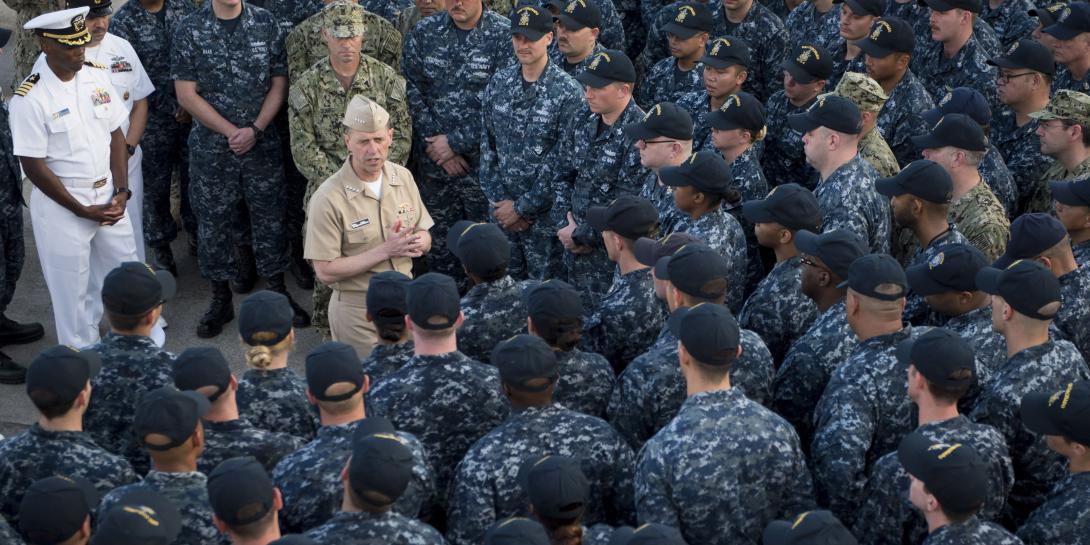 Chief of Naval Operations Adm. John Richardson, USN, holds an all-hands call aboard the littoral combat ship USS Coronado as the ship is moored in Singapore on Tuesday. Photo by Petty Officer 1st Class Nathan Laird, USN