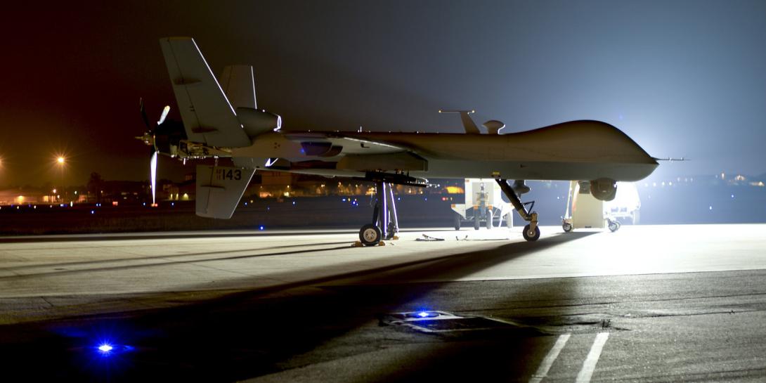 An MQ-9 Reaper sits on the flight line at Hurlburt Field, Florida, in 2014. The Reaper is an armed, multi-mission, medium-altitude, long-endurance remotely piloted aircraft primarily used as an intelligence-collection asset.