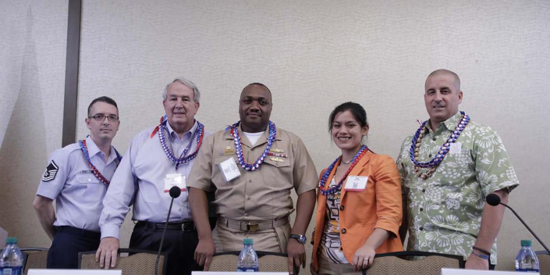 Leadership will be challenged to manage and communicate differently with work force of the future, said TechNet Asia-Pacific panelists, l-r: Master Sgt. Brandon T. Cruz, USAF; John C. Adams; Capt. Herman L. Archibald, USN; Sam M.P. Sneed, director, ES&, Inc.; and Jeffrey T. Jacoby.