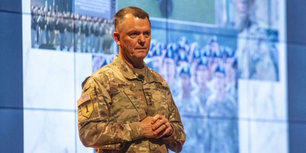 The U.S. Army Training and Doctrine Command’s commanding general, Gen. Paul E. Funk , USA, speaks to soldiers at Ft. Benning, Georgia in September. How the Army trains its soldiers, especially its leaders, has to change to meet the demands of multidomain operations, he says. Army photo by Patrick A. Albright.