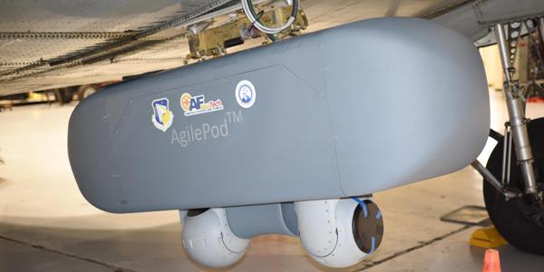The AgilePod, the first physical system to be trademarked by the Air Force, is a multiintelligence pod. A new effort to develop a suite of platform-agnostic AgilePods in various sizes is currently in progress, teaming AFRL with industry partners. (U.S. Air Force photo/David Dixon)