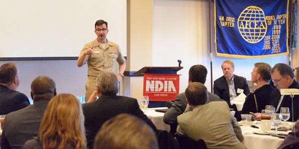 Rear Adm. Christian Becker, USN, commander, Space and Naval Warfare Systems Command (SPAWAR), discusses the defense industry’s role executing the Chief of Naval Operations “A Design for Maintaining Maritime Superiority 2.0” during a combined AFCEA and NDIA event. SPAWAR works closely with industry to provide the tactical networks, space systems and C4ISR technology assets and services U.S. Navy fleet operators require. U.S. Navy photo by Rick Naystatt/Released