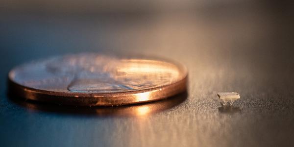 A micro-bristle-bot is shown next to a U.S. penny for size comparison. Credit: Allison Carter, Georgia Tech