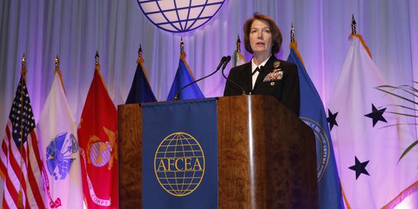 Vice Adm. Nancy A. Norton, DISA director and commander of the JFHQ-DODIN, discusses DISA's workforce needs at TechNet Cyber. Photo by Michael Carpenter 