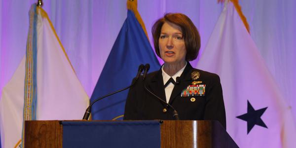 Vice Adm.Nancy A. Norton, DISA director and commander of the JFHQ-DODIN, addresses the audience at TechNet Cyber. Photo by Michael Carpenter