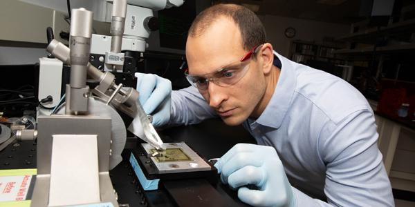 Lead researcher Dave Soscia said the “brain-on-a-chip” device, designed and fabricated at Lawrence Livermore National Laboratory, was designed to be easily reproducible. The lab has applied for a patent on the device and is looking to engage with potential collaborators to further develop it. Photo by Julie Russell/LLNL