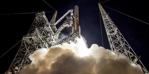 The Air Force launches the ninth Boeing-built Wideband Global SATCOM satellite at Cape Canaveral Air Force Station, Florida, in March 2017. Such satellites play an integral part of the United State’s strategic and tactical coordination of military operations in an increasingly contested space domain. Photo by Tech. Sgt. Anthony Nelson; Courtesy of United Launch Alliance.